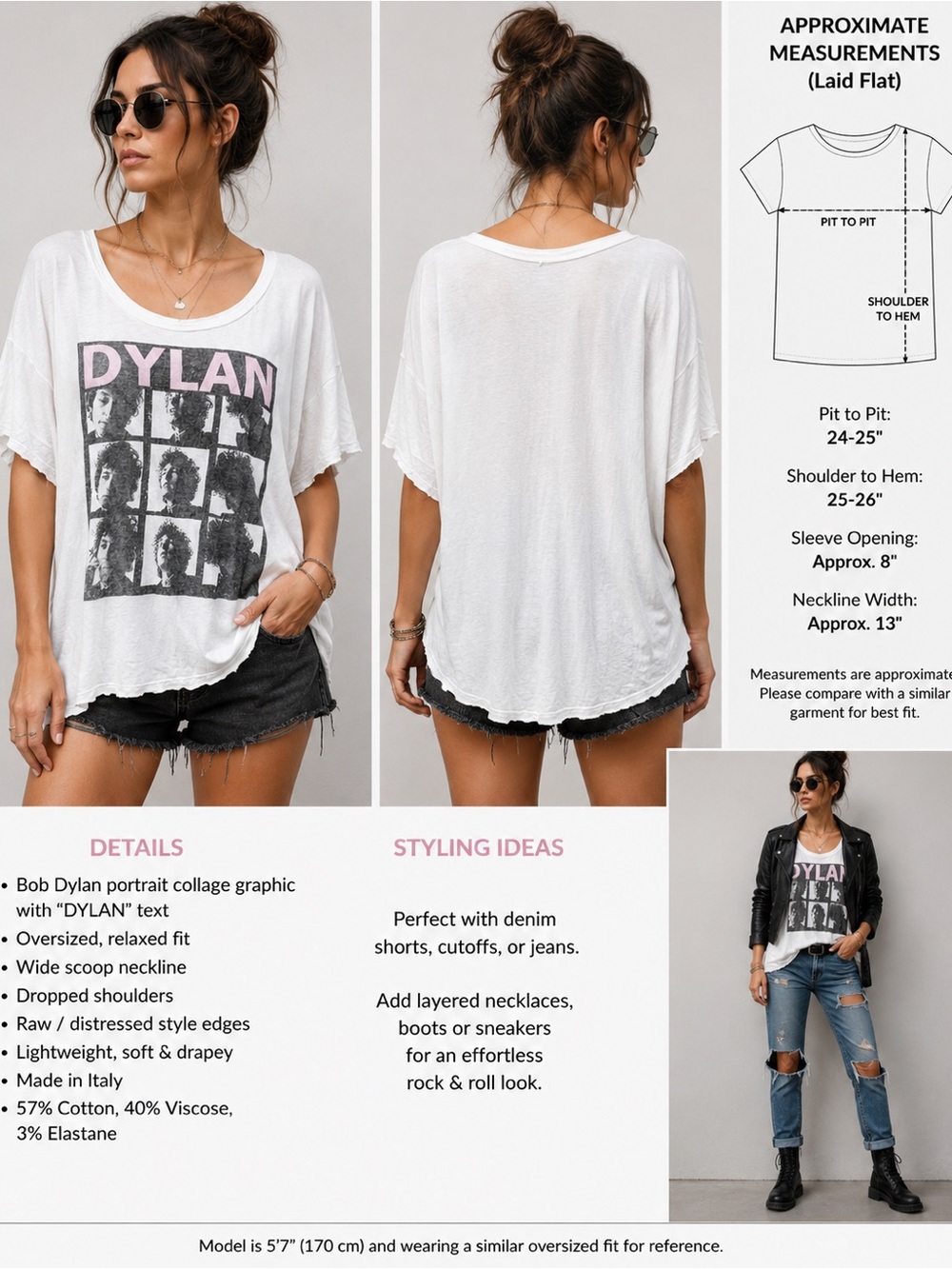 Bob Dylan Graphic T Shirt Made in Italy Oversized Distressed Raw Hem White